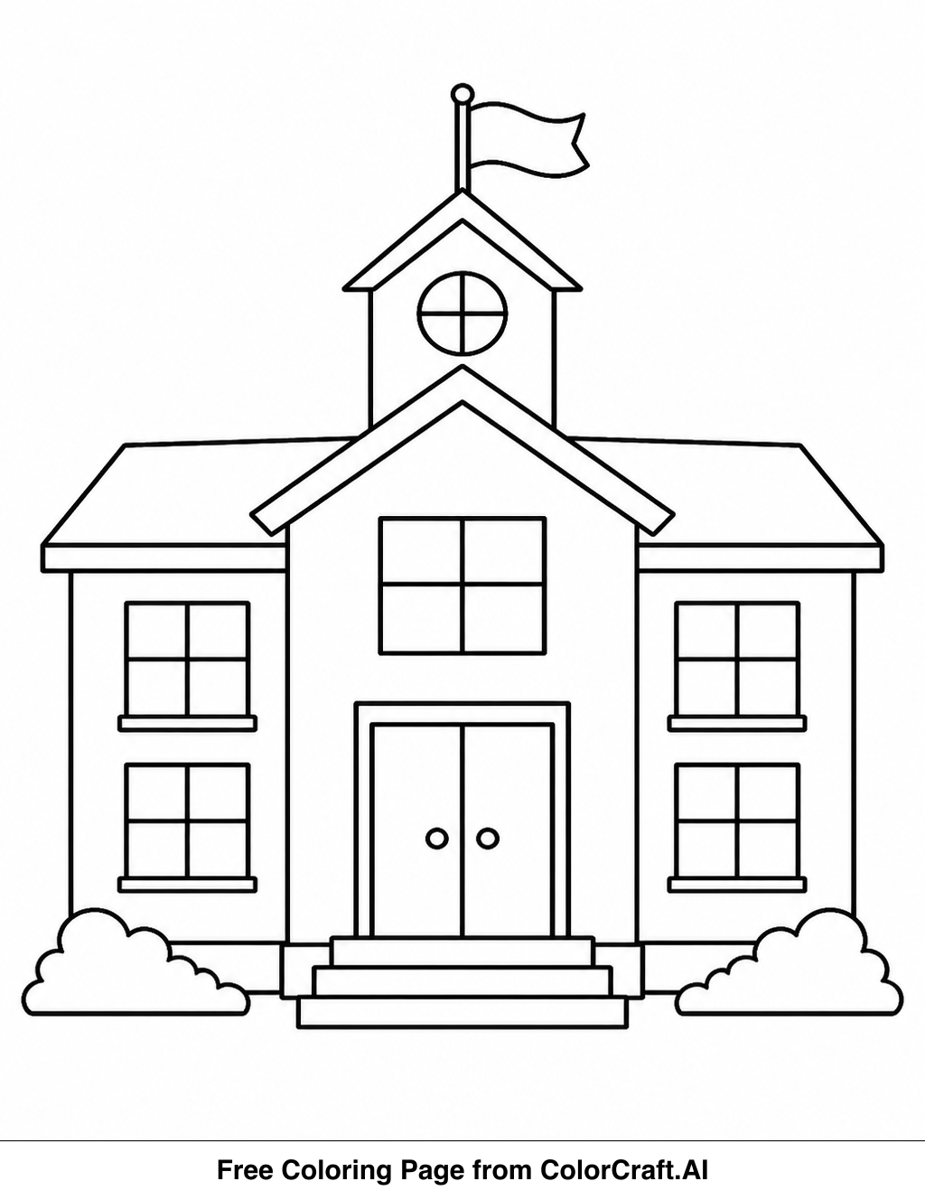 Line drawing of a simple school building with windows and a door, ready for coloring.