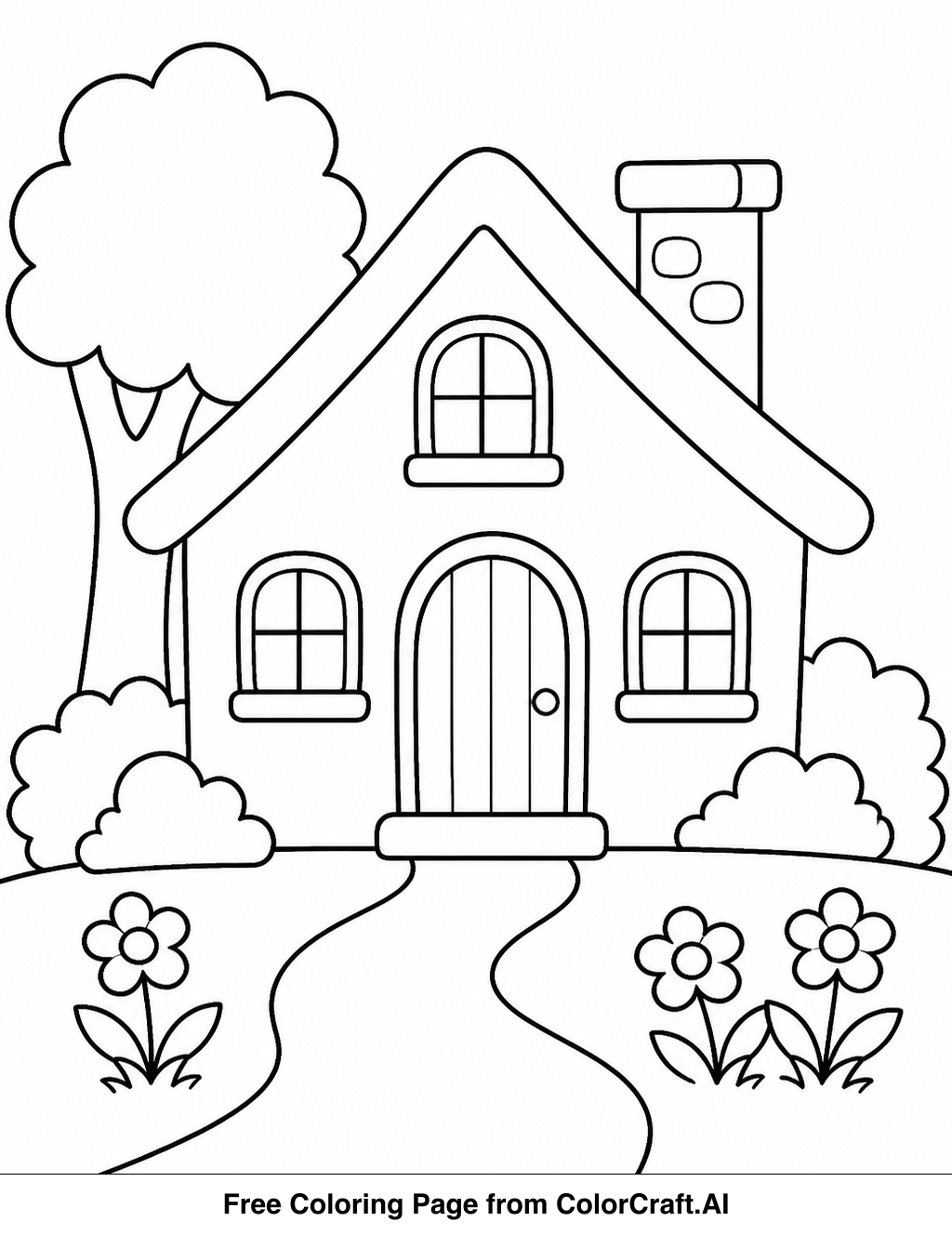 Simple line drawing of a quaint cottage home with a chimney and a door.
