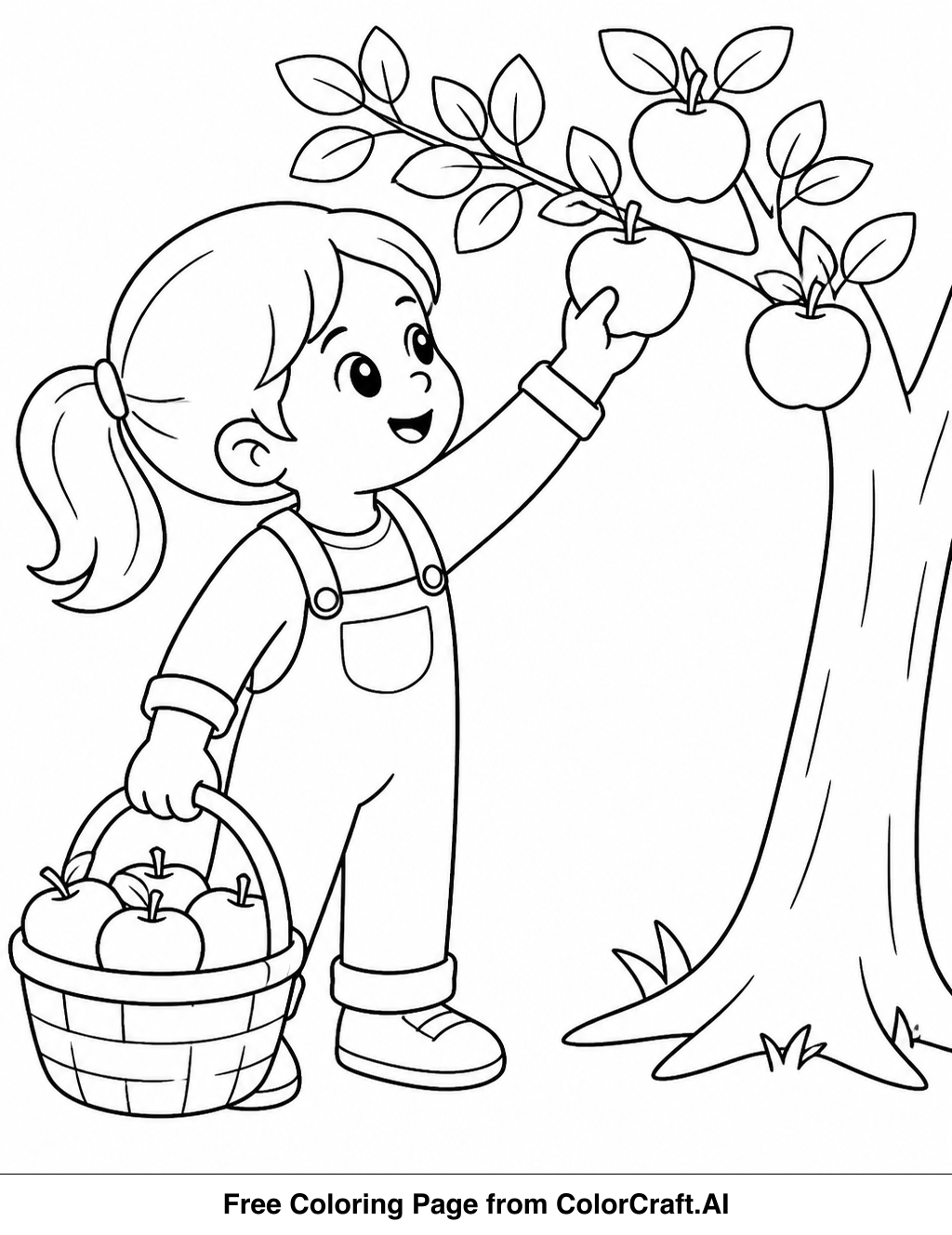 Line drawing of a family enjoying apple picking in an orchard with baskets and trees.