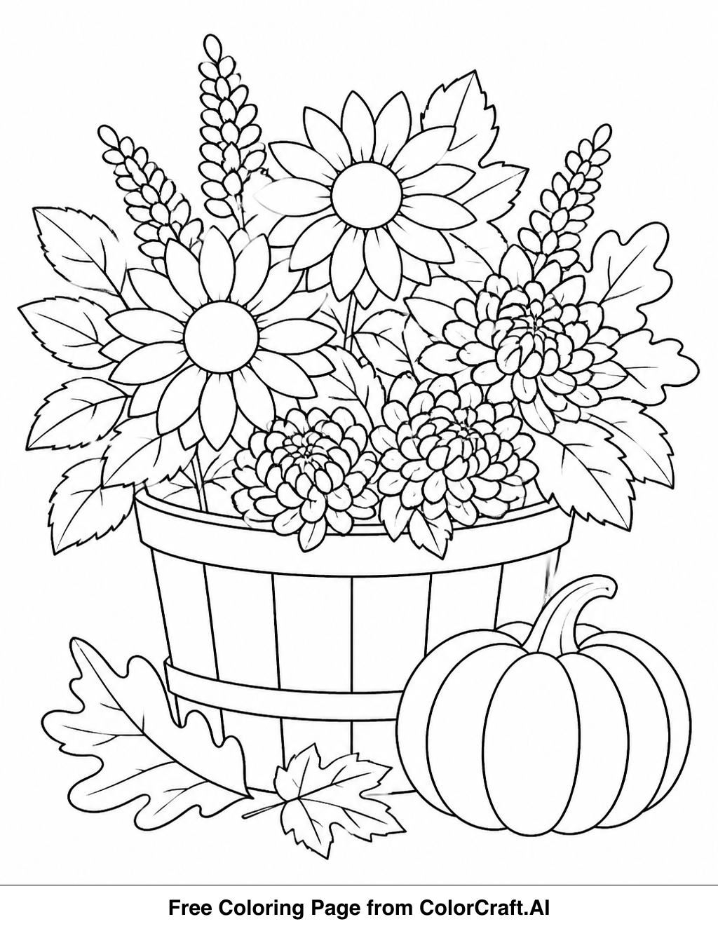 Line drawing of an autumn flower garden with various plants and blossoms for coloring.