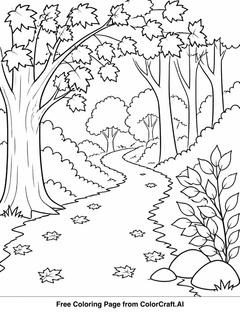 Line drawing of an autumn forest path with trees and fallen leaves, ready for coloring.