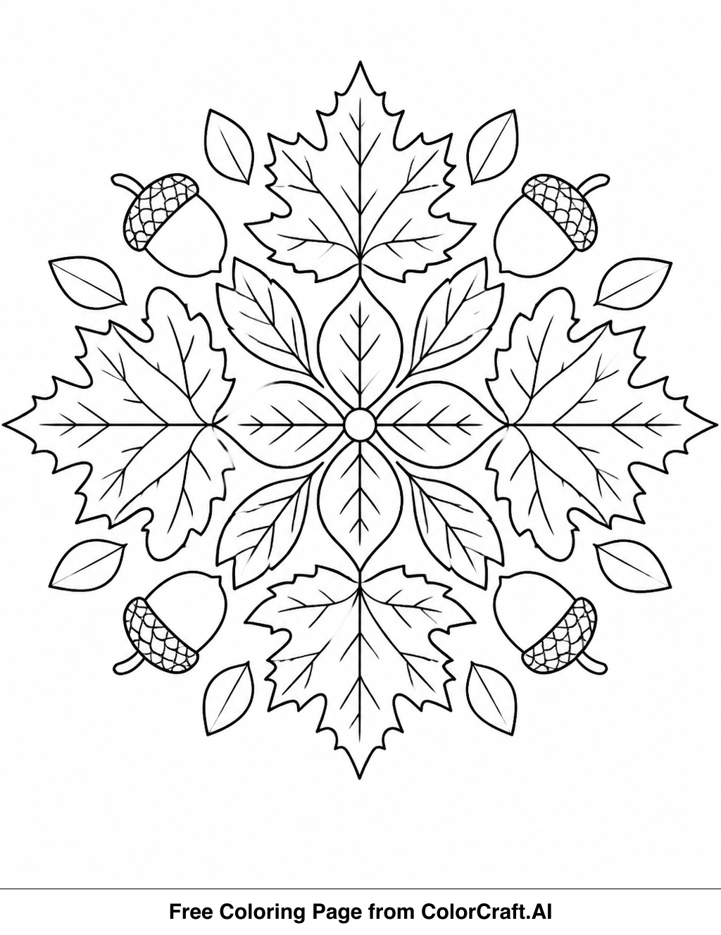 Line drawing of a circular autumn mandala with leaf and floral motifs for coloring.