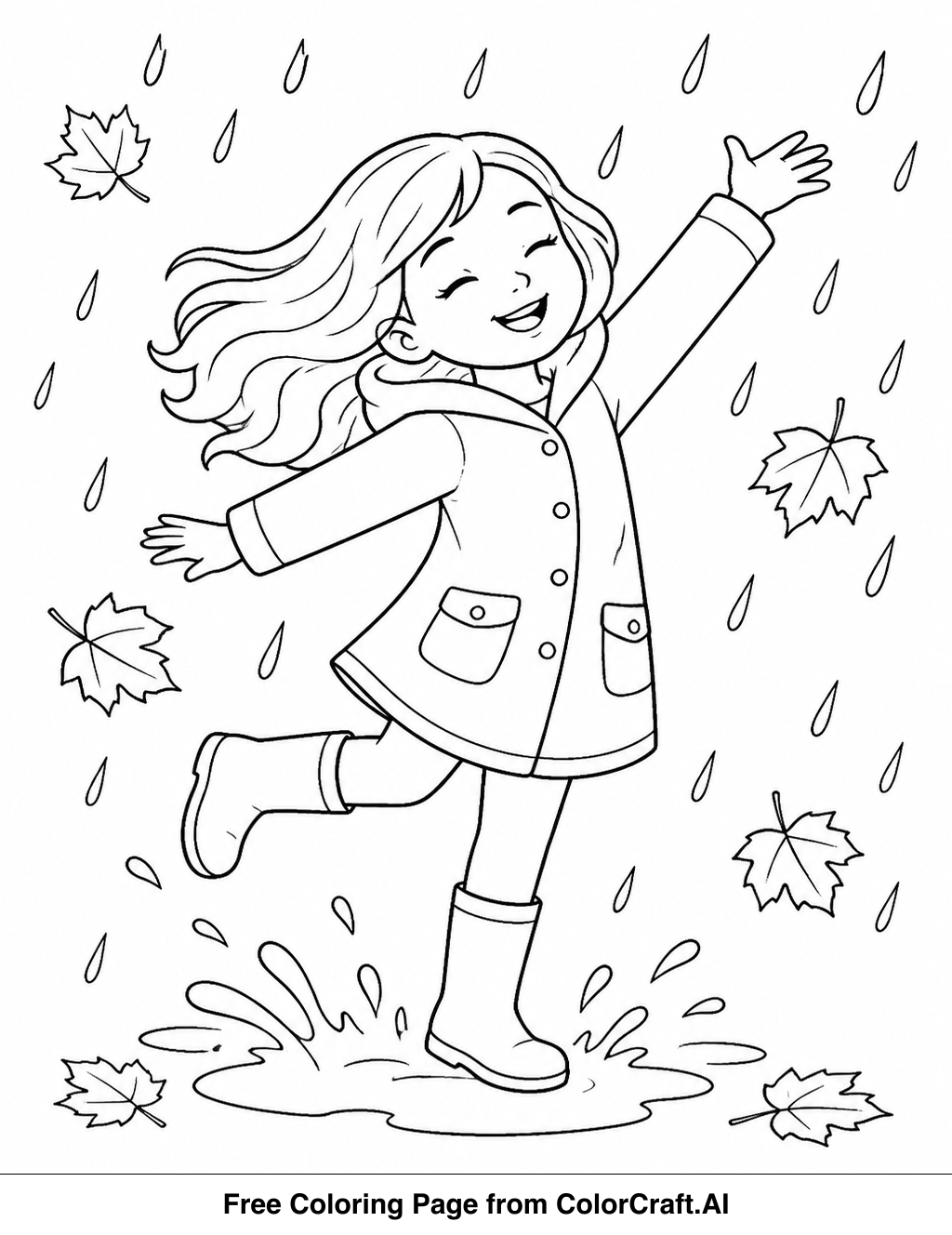 Line drawing of happy children dancing in the rain with leaves falling around them.