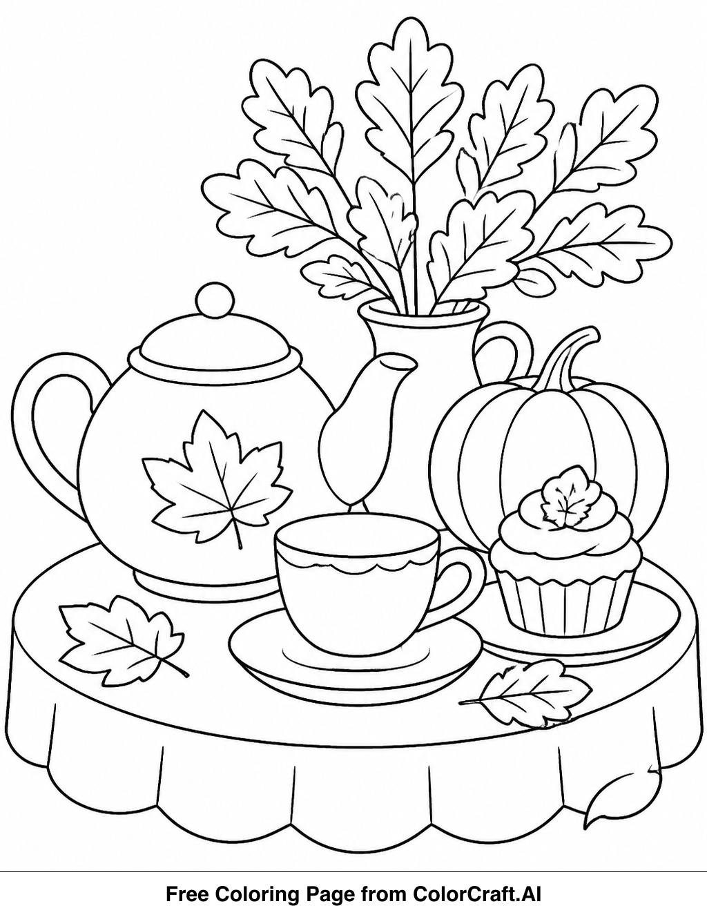 Line drawing of a whimsical autumn tea party with friends, teacups, and fallen leaves, ready for coloring.
