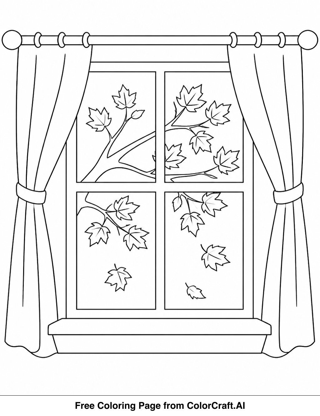 Line drawing of an autumn window scene with falling leaves and a warm interior.