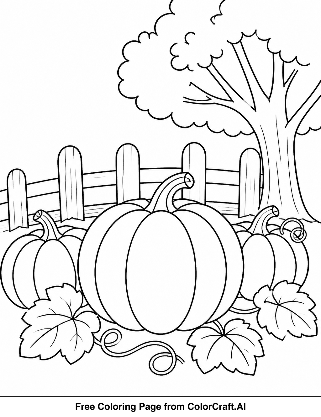 Line drawing of a cozy pumpkin patch with various gourds and leaves, perfect for coloring.