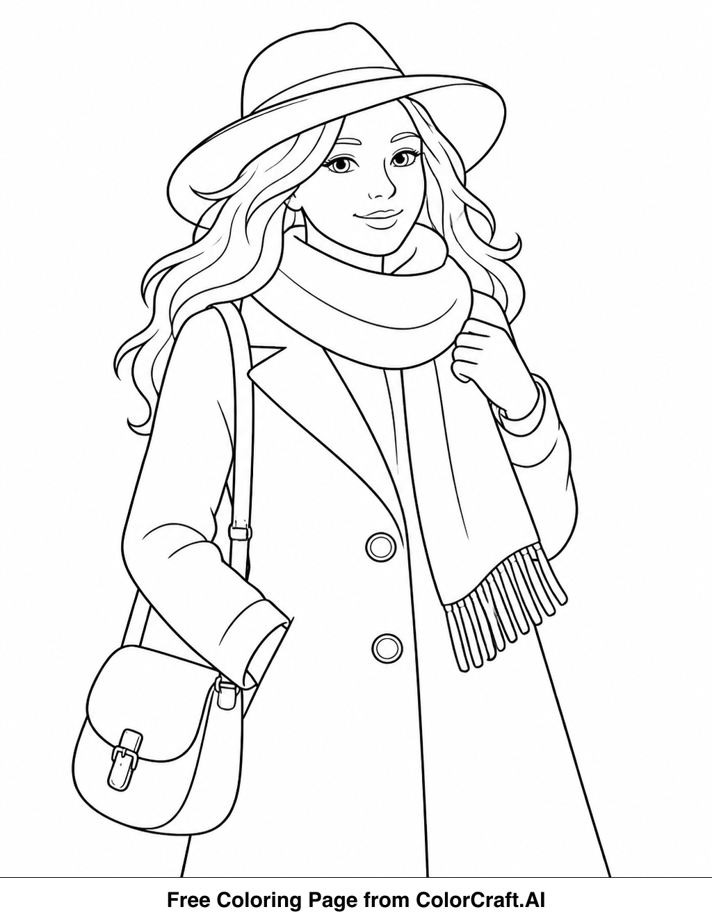 Line drawing of a person wearing a stylish outfit with autumn accessories like a scarf and hat.