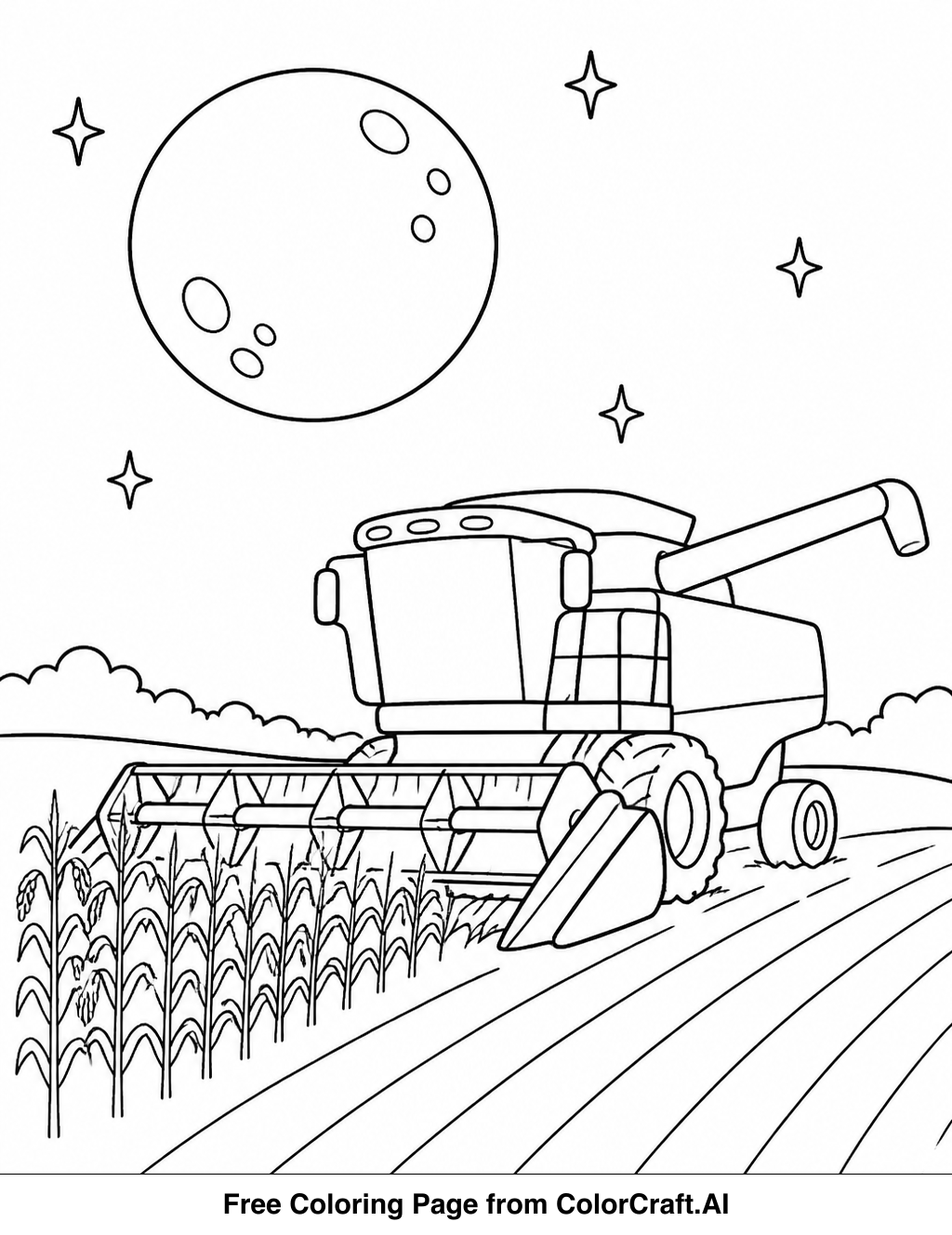 Line drawing of a harvest moon night scene with trees, fields, and farm elements.