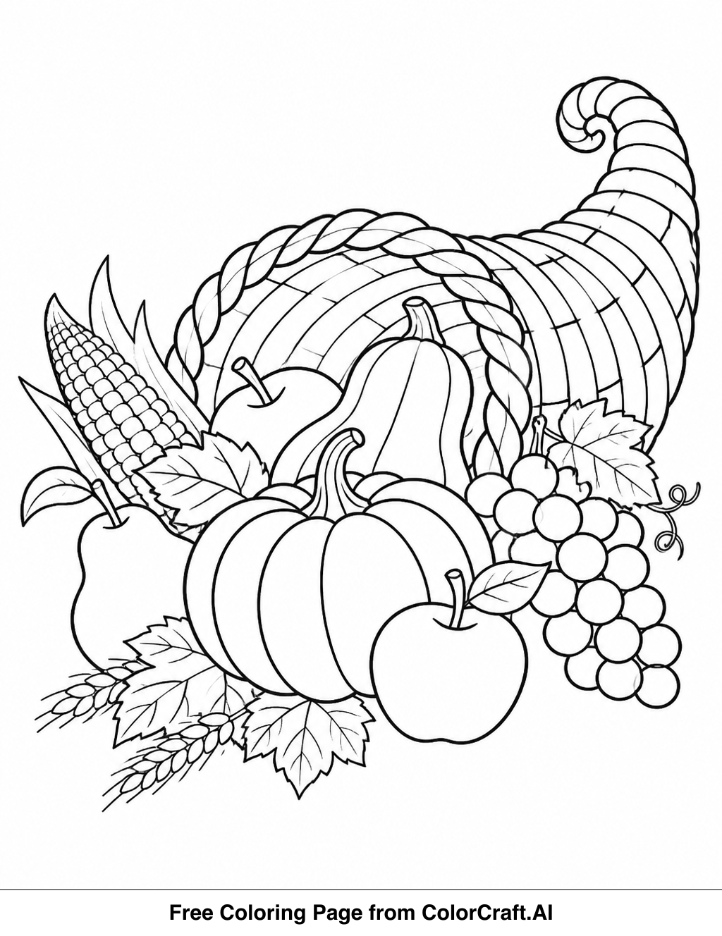 Line drawing of a cornucopia overflowing with fruits, vegetables, and autumn leaves for a coloring page.