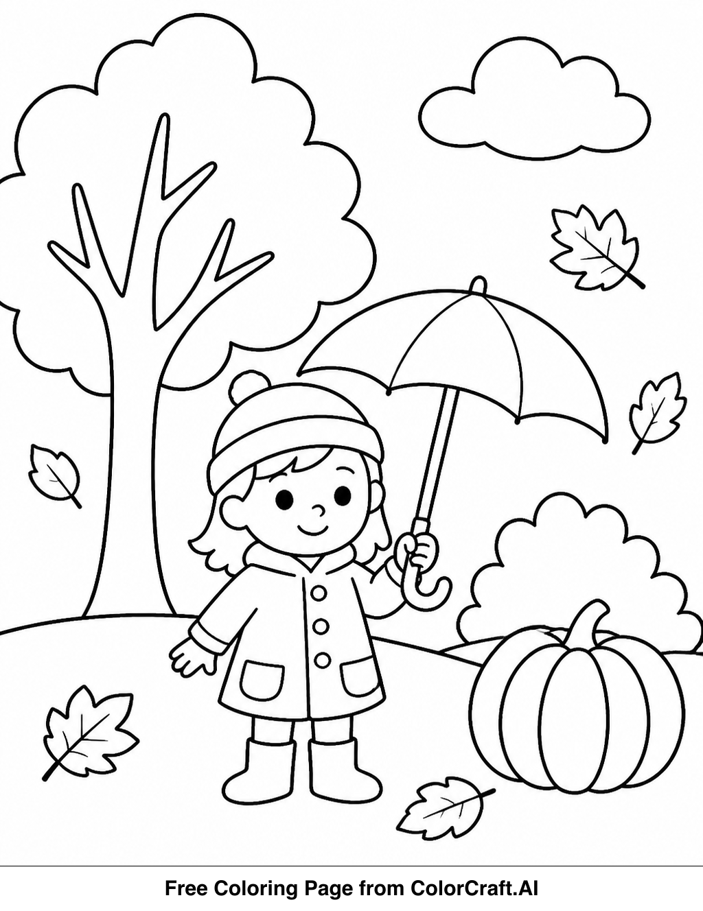 Line drawing of autumn leaves falling around a cheerful, simple landscape scene.