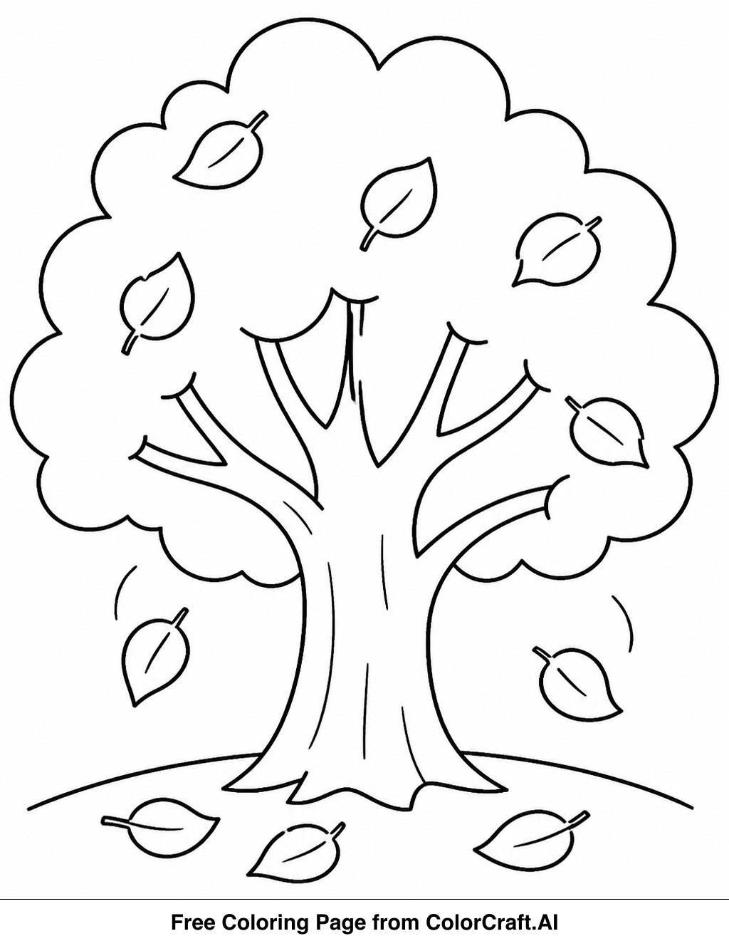 Line drawing of a simple fall tree with bare branches and a few leaves, perfect for coloring.