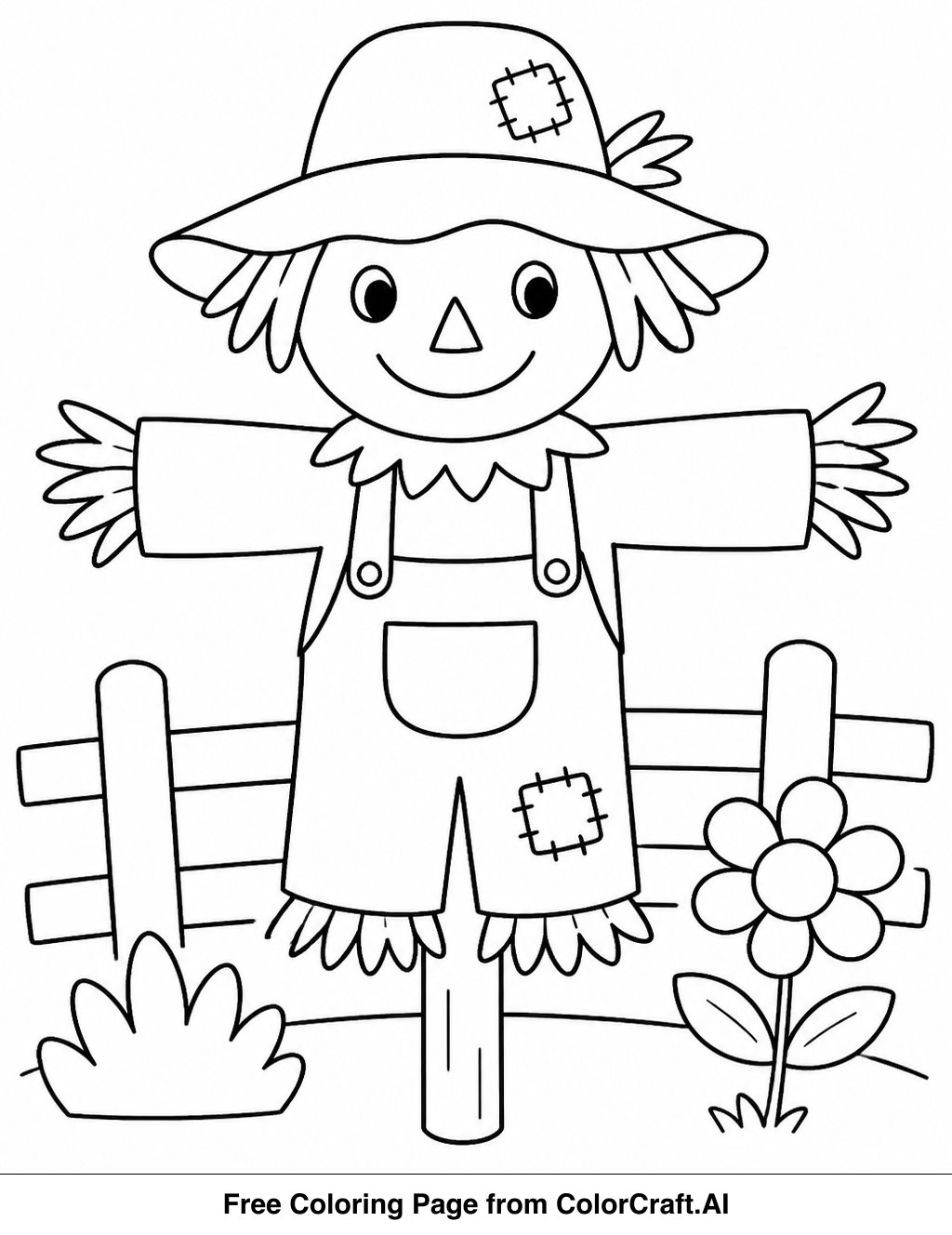 Line drawing of a smiling scarecrow wearing a hat and holding a pumpkin, standing in a field.