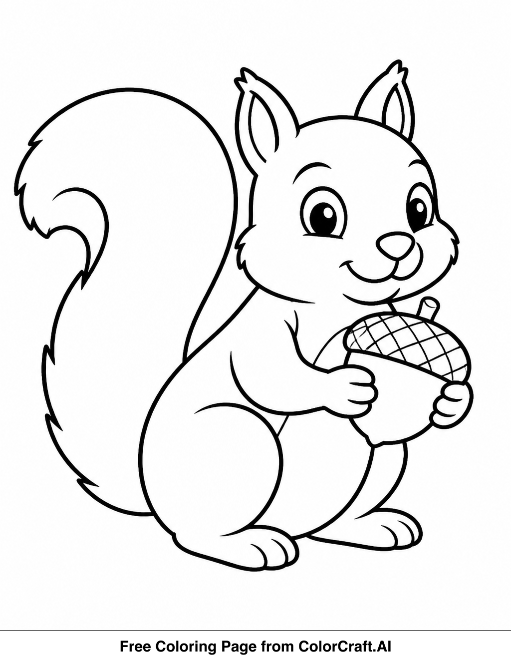 Line drawing of a happy squirrel holding a large acorn, designed for easy coloring.