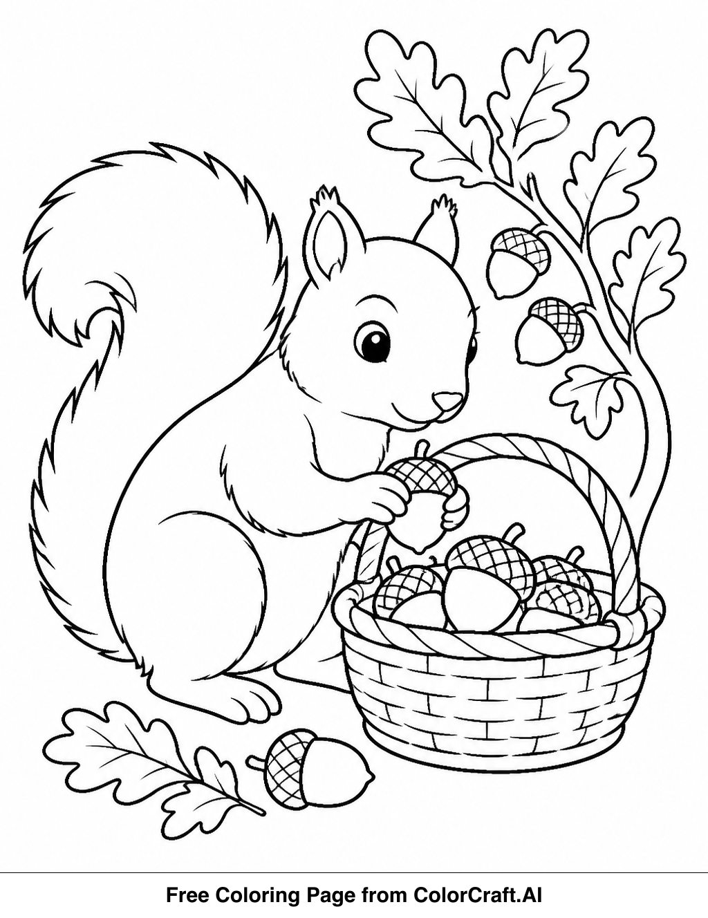 Line drawing of two squirrels with bushy tails gathering nuts and leaves in an autumn forest.