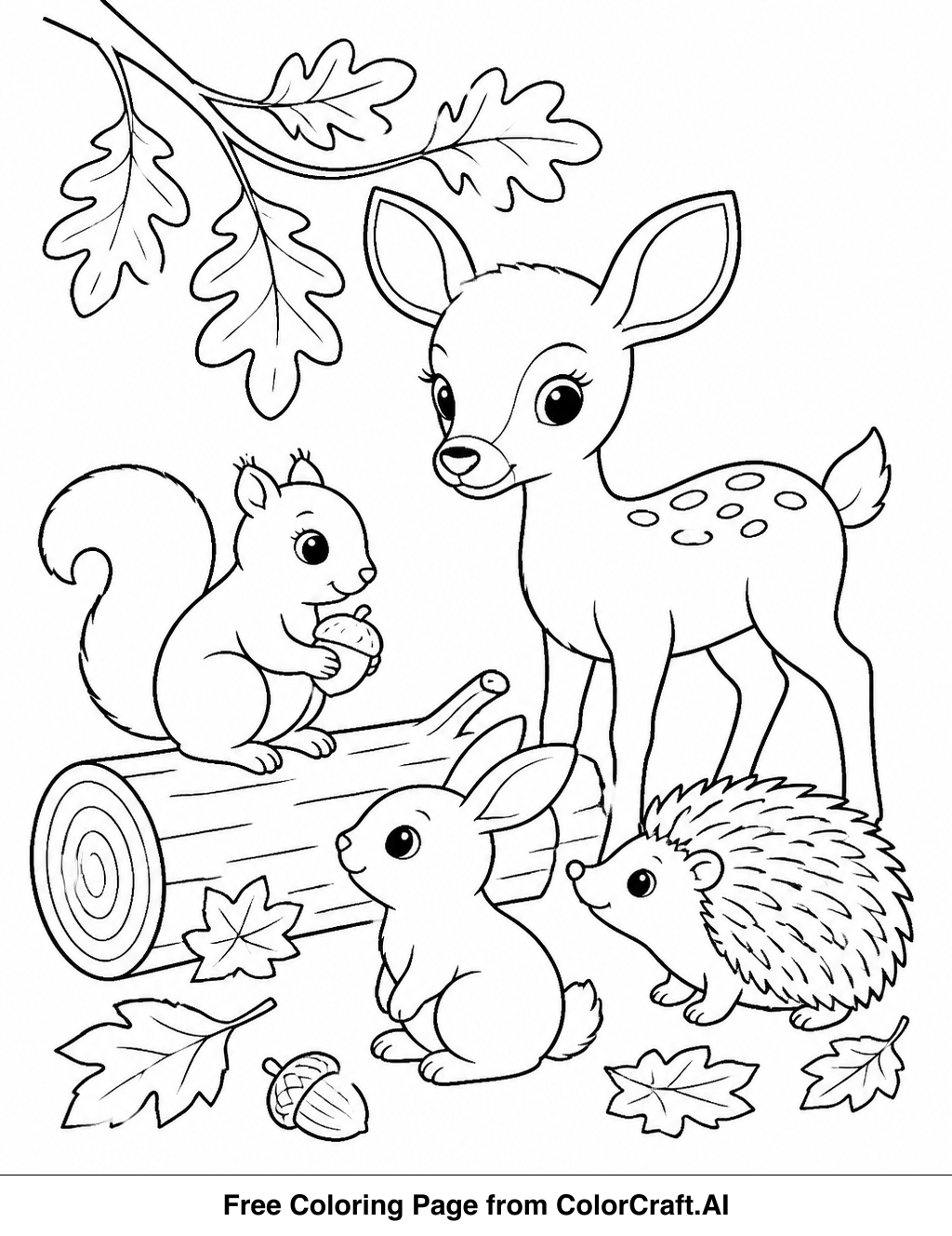 Line drawing of cute woodland creatures like a fox, squirrel, and owl in an autumn forest setting.