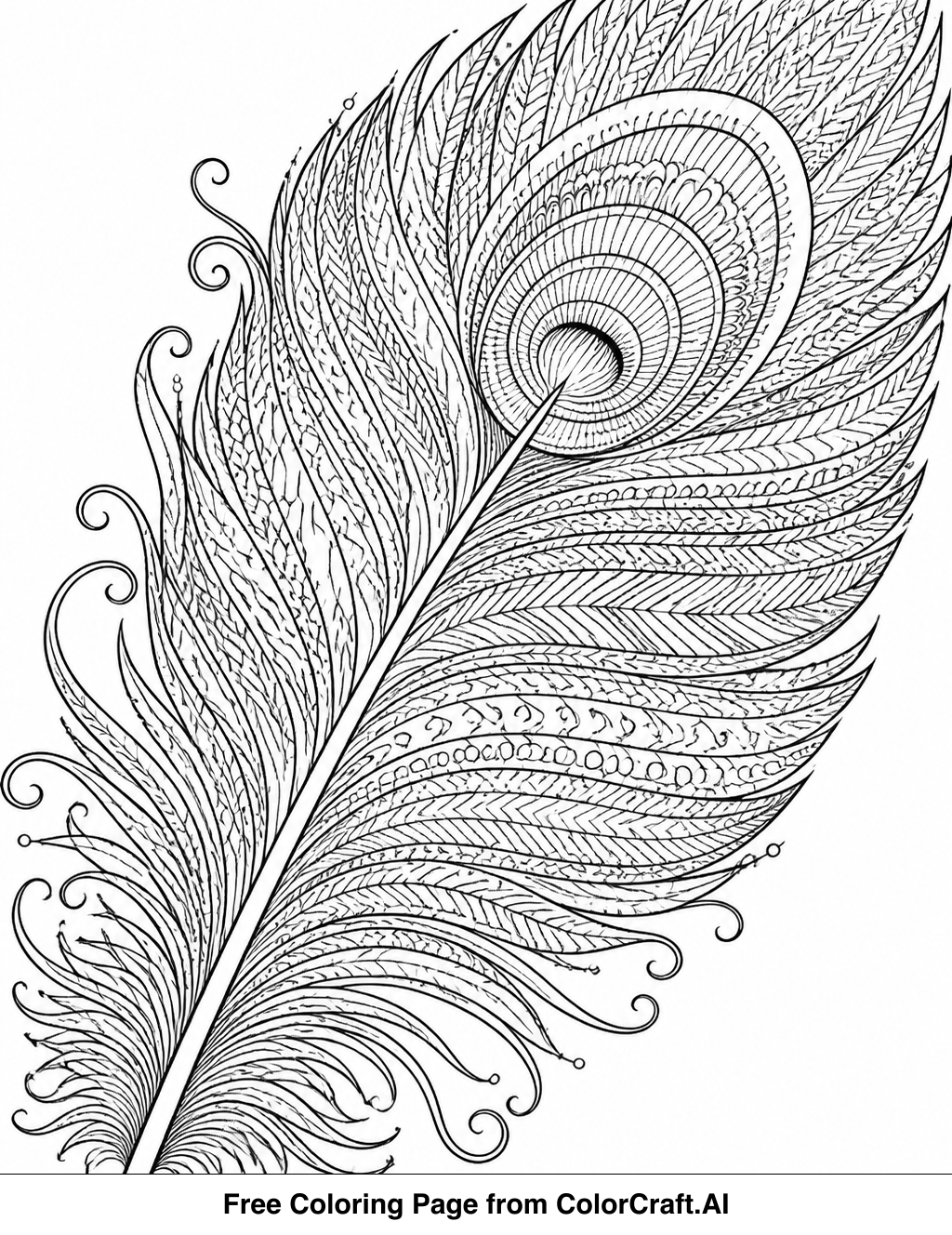 Close-up line drawing of an owl feather showing intricate barb and shaft details for coloring.