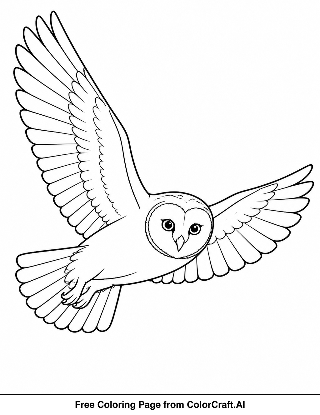 Line drawing of a wise owl in mid-flight, wings spread wide, ready for coloring.