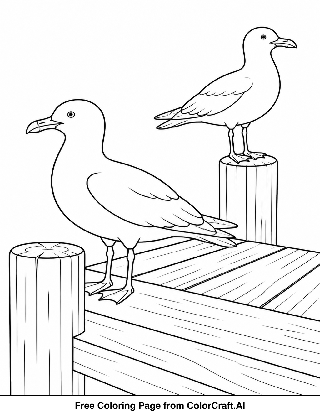Line drawing of several seagulls standing on a wooden pier overlooking the water.