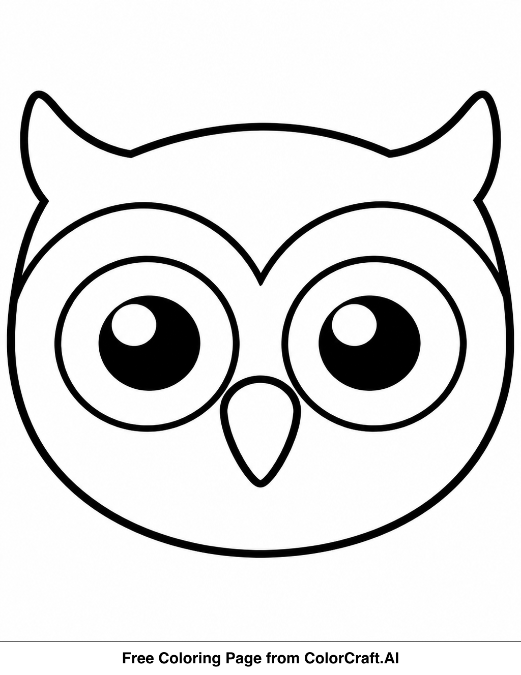 Line drawing of a simple owl face with big eyes and a beak, perfect for coloring.