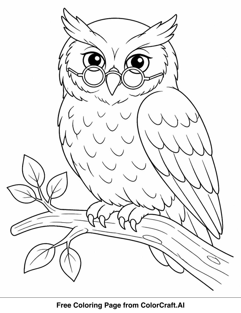 Line drawing of a wise old owl with large eyes perched on a textured tree branch, ready to be colored.