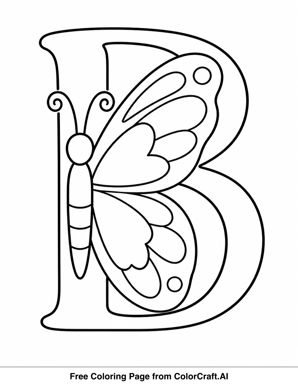 Line drawing of a butterfly with decorative wings forming an alphabet letter for coloring.