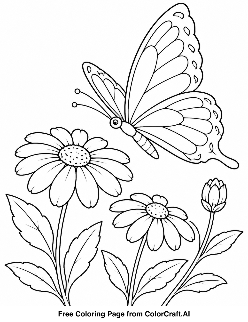 Line drawing of a butterfly in a garden with flowers, ready for coloring.
