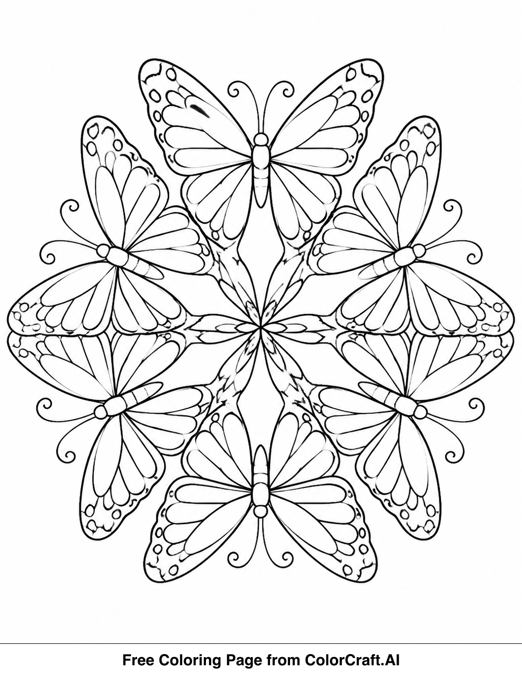 Line drawing of a symmetrical butterfly kaleidoscope pattern with detailed wings and antennae, ready to be colored.