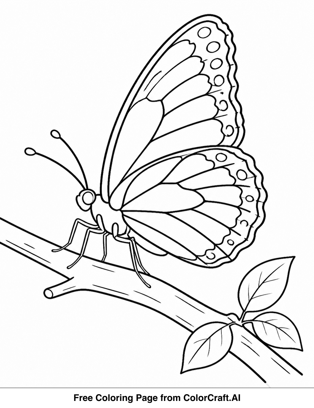 Line drawing of a butterfly perched on a tree branch, ready to be colored.