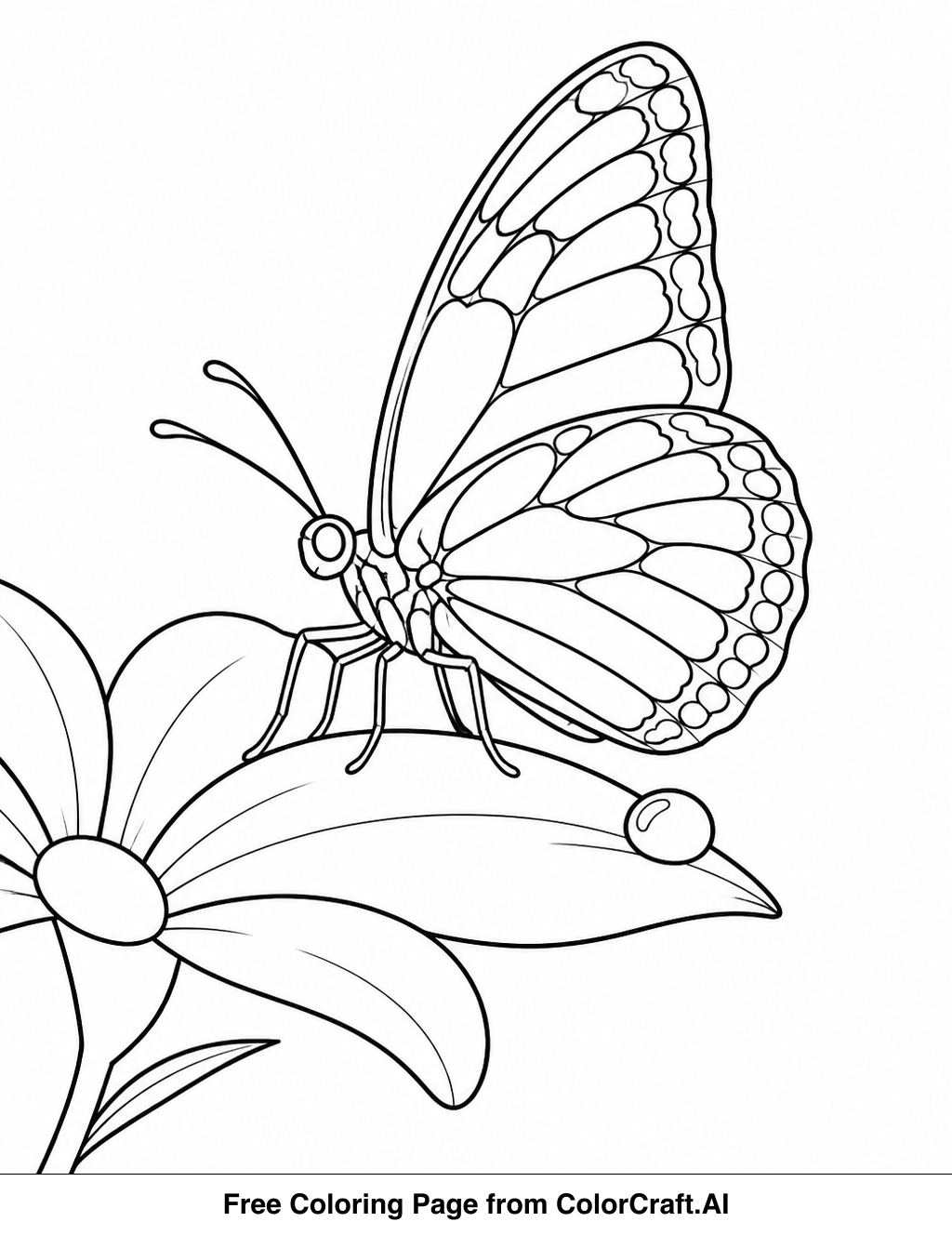 Line drawing of a butterfly with detailed wings on a flower petal with a dewdrop.