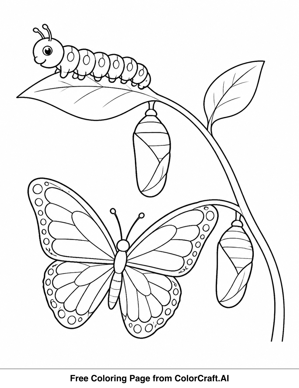 Line drawing of a caterpillar on a leaf transitioning into a butterfly with wings spread.