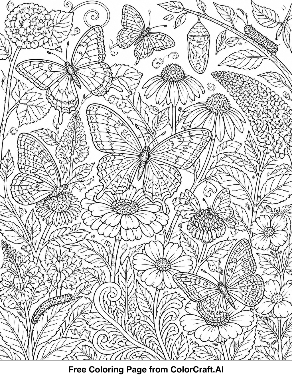 Intricate line drawing of a butterfly garden ecosystem with flowers, leaves, and butterflies.