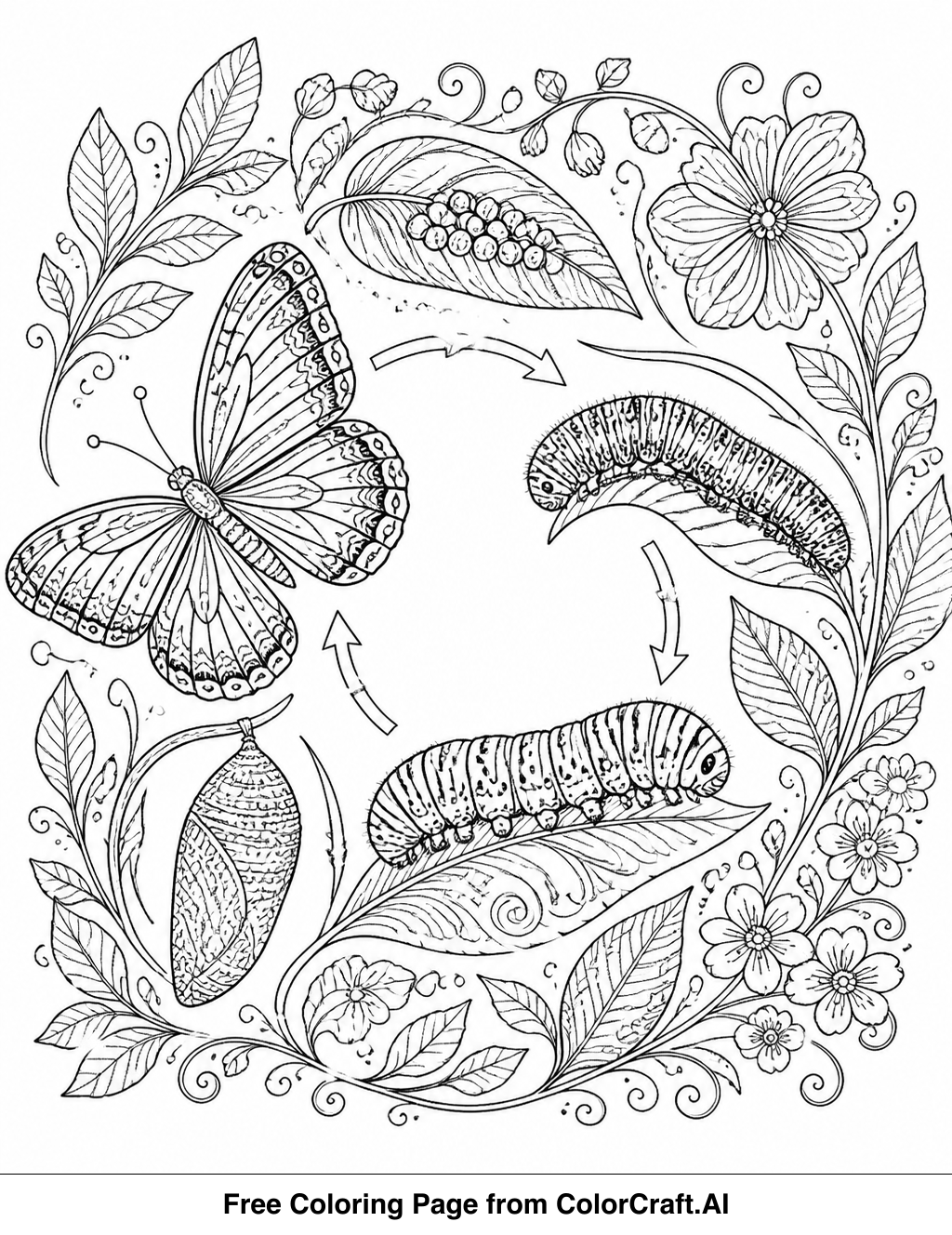 Line drawing showing the four stages of a butterfly's life cycle: egg, larva, pupa, and adult.