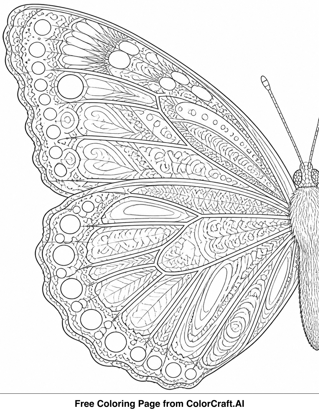 Line drawing of an intricate butterfly wing showing detailed patterns and textures for coloring.