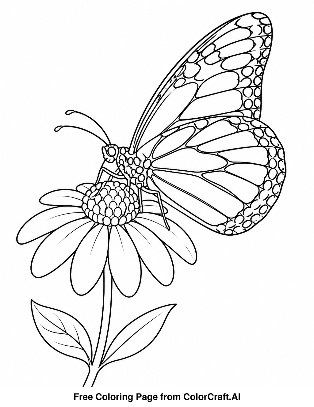 Line drawing of a monarch butterfly with spread wings perched on a flower stem with leaves.