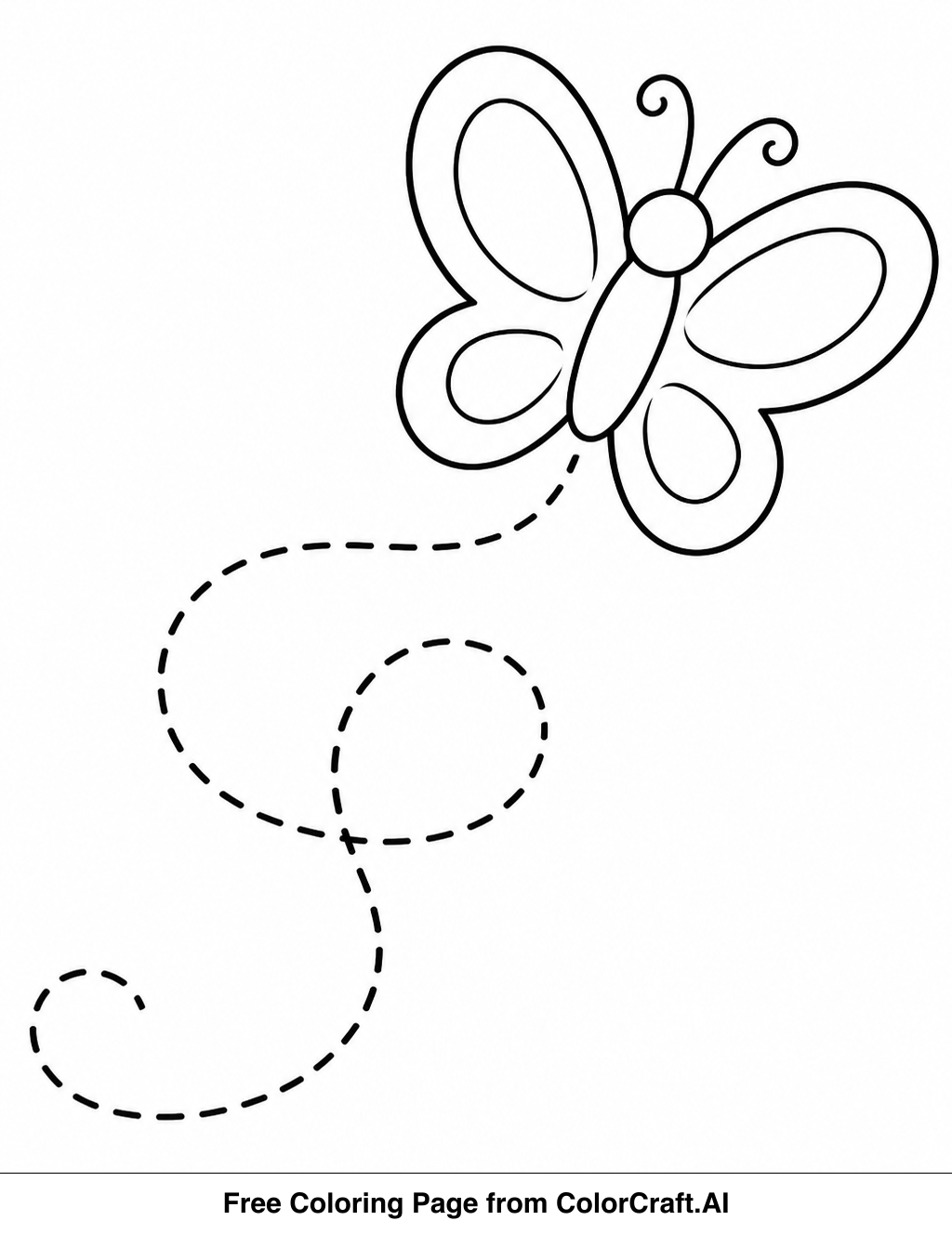 Line drawing of a butterfly with a flowing trail, perfect for a coloring page.