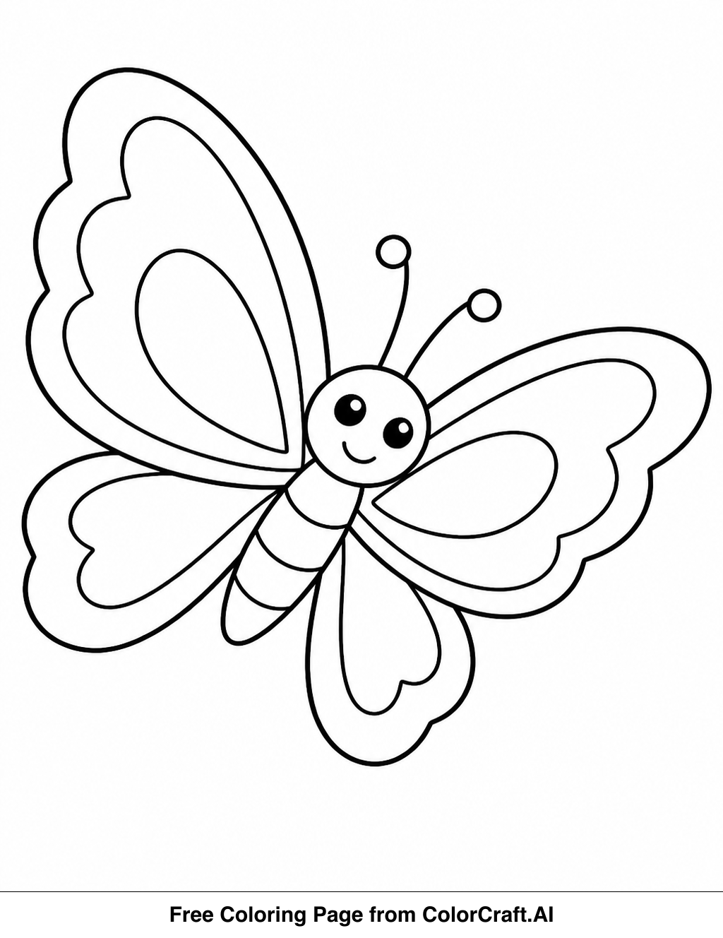 Line drawing of a single butterfly with large, open wings in flight, perfect for coloring.
