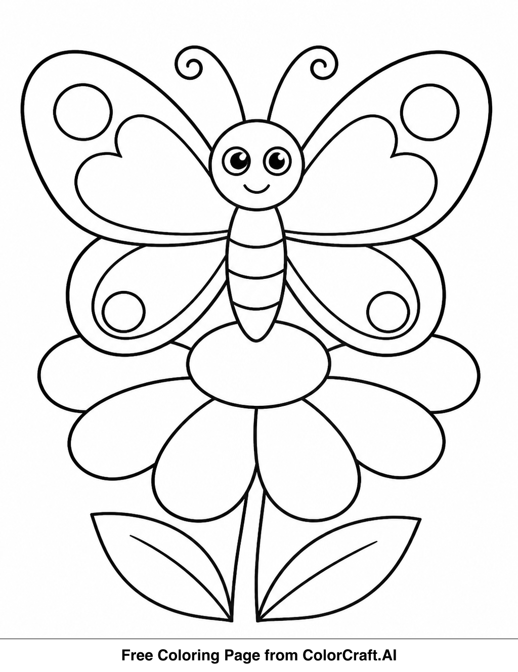 Line drawing of a butterfly facing forward on a flower, ready for coloring.