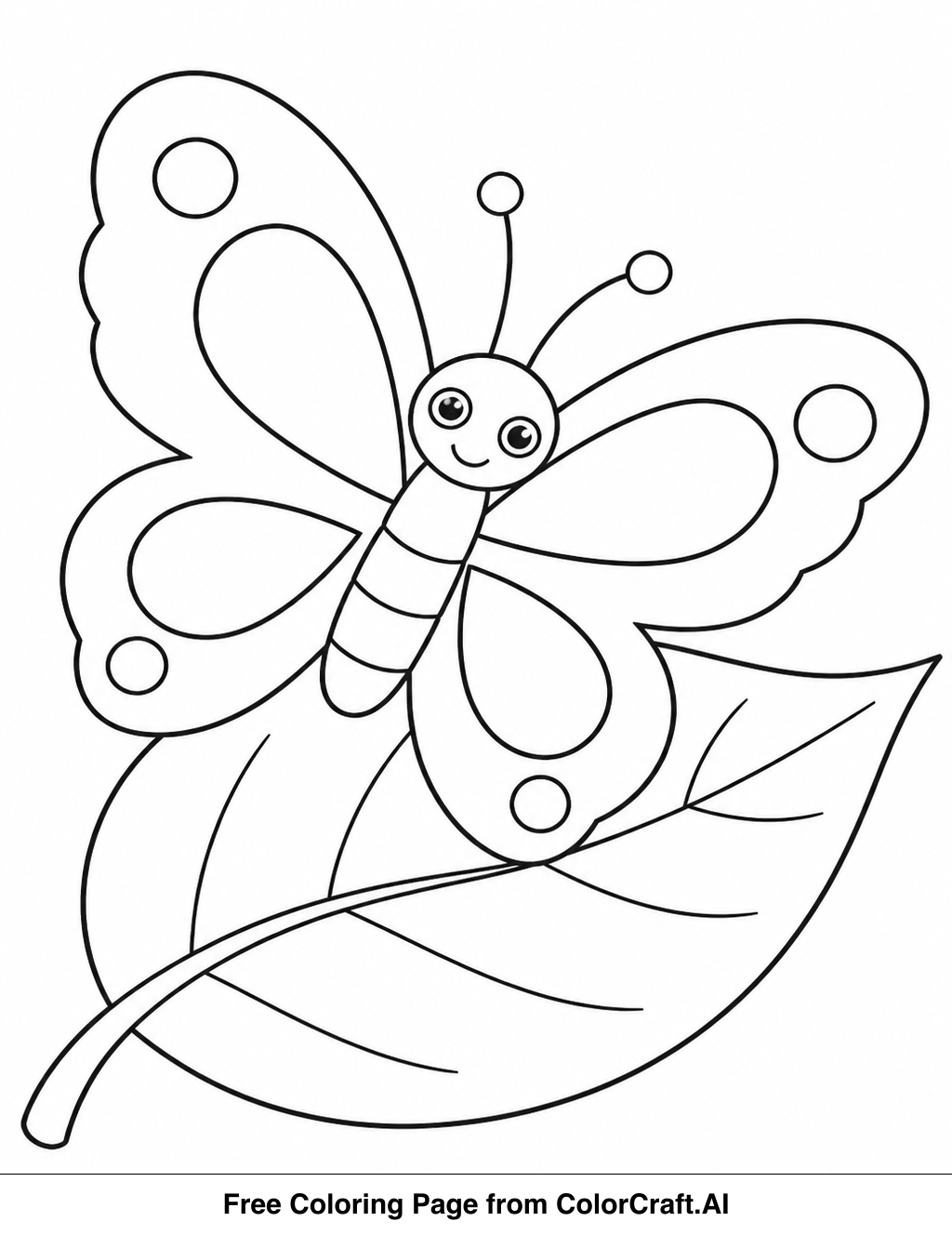 Line drawing of a butterfly with open wings resting on a leaf.