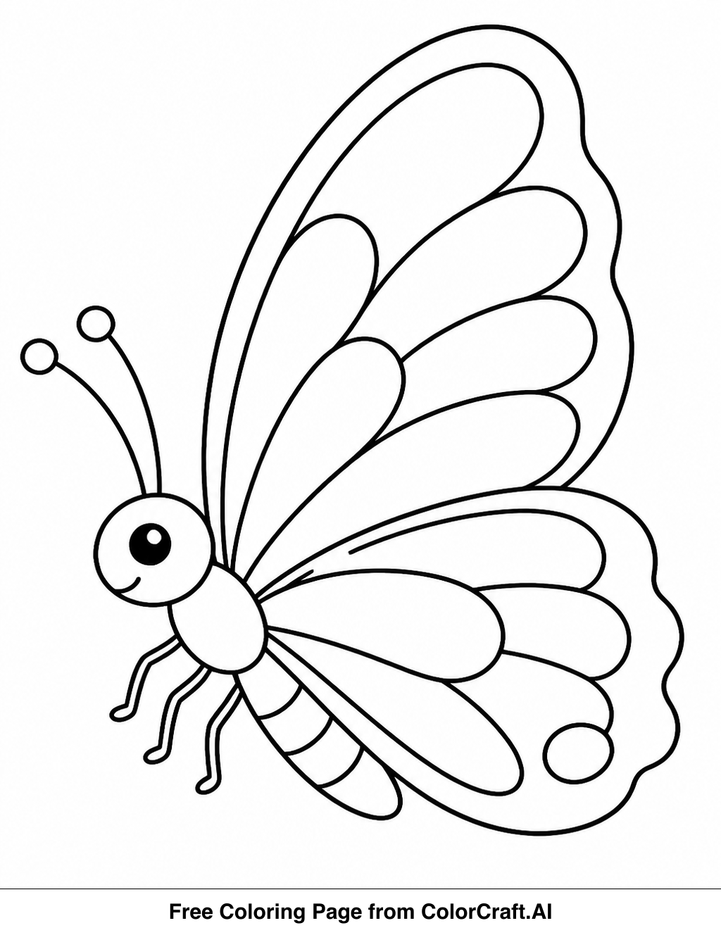 Line art of a butterfly facing sideways with detailed wings, ready for coloring.