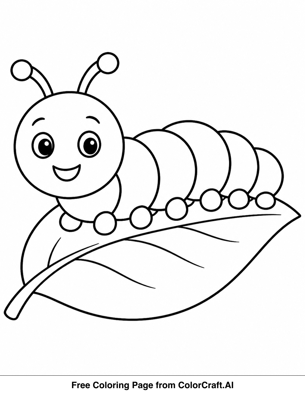 Line drawing of a simple caterpillar with many legs crawling on a large leaf, perfect for coloring.