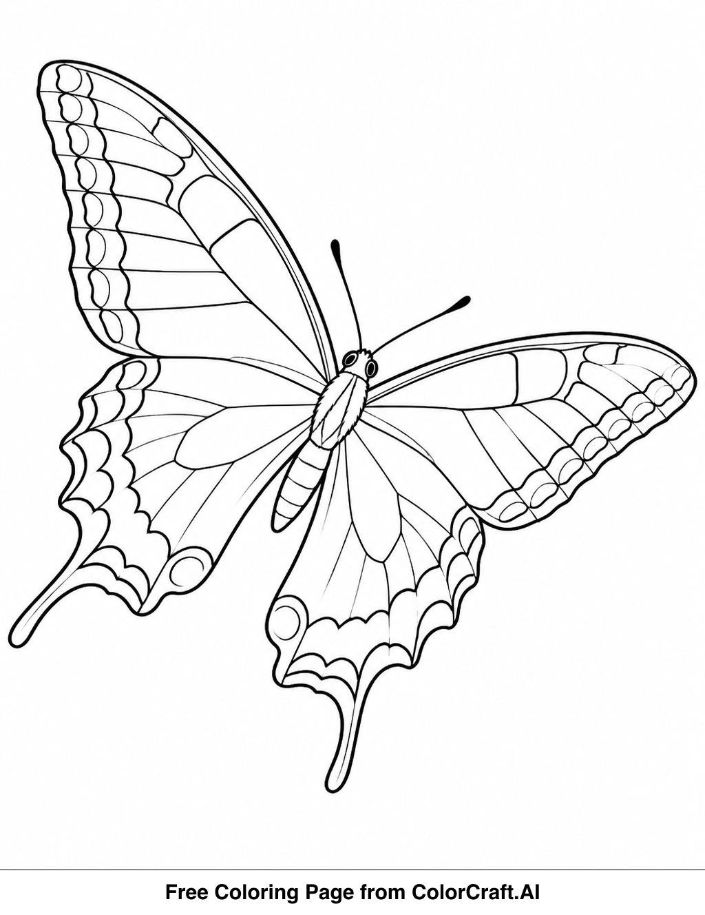 Line drawing of a swallowtail butterfly with large, patterned wings in mid-flight, ready to be colored.