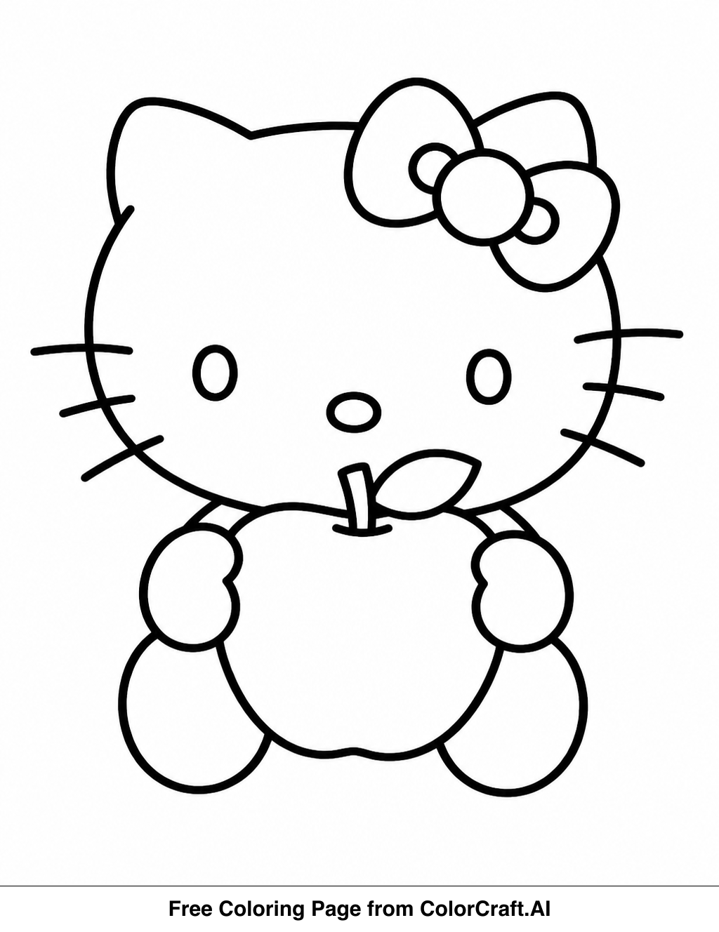 Line drawing of Hello Kitty character holding a simple apple outline for coloring.