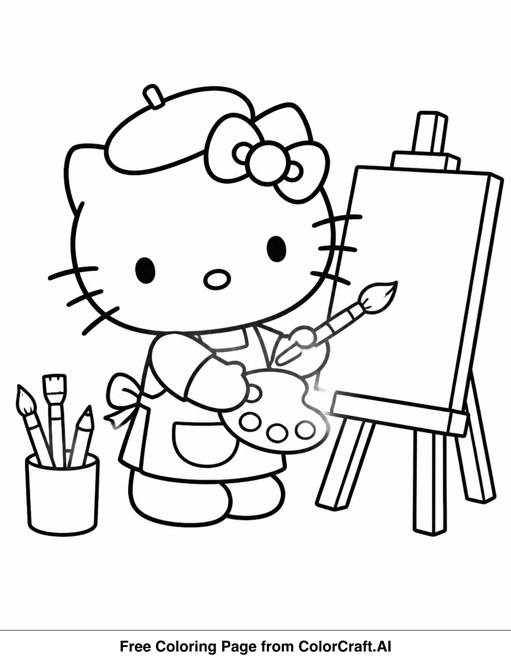 Line drawing of Hello Kitty in an art studio with easel, paints, and brushes.