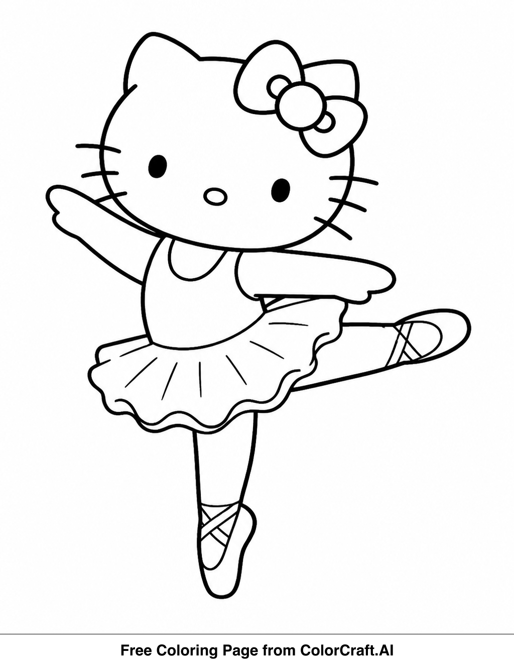 Line drawing of Hello Kitty dressed as a ballerina, poised in a dance move, ready to be colored.