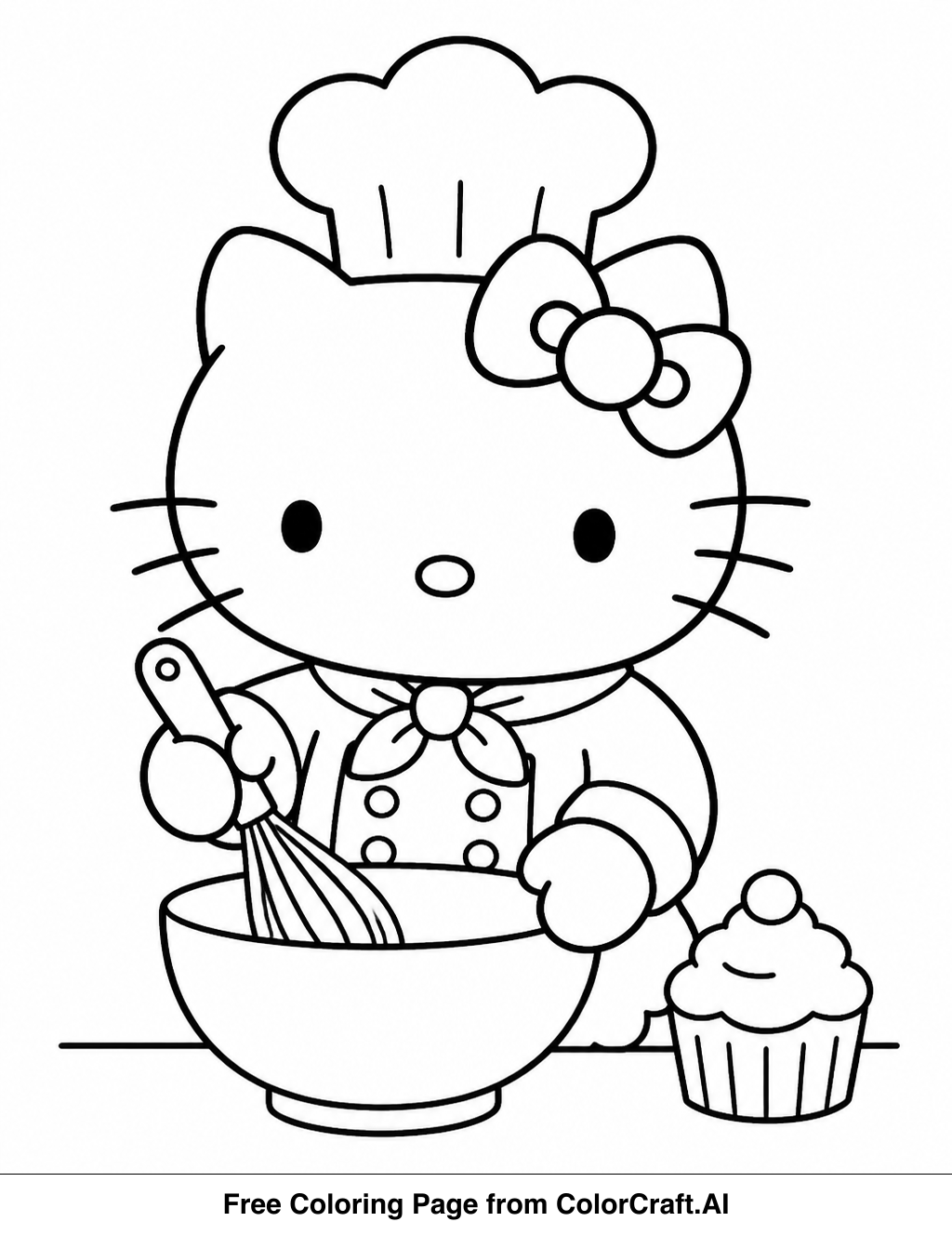 Line drawing of Hello Kitty wearing a chef hat and apron, holding kitchen utensils.