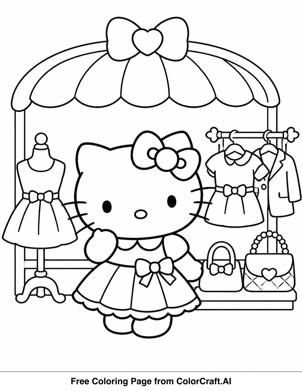 Line drawing of Hello Kitty in a fashion boutique surrounded by clothing racks and accessories.