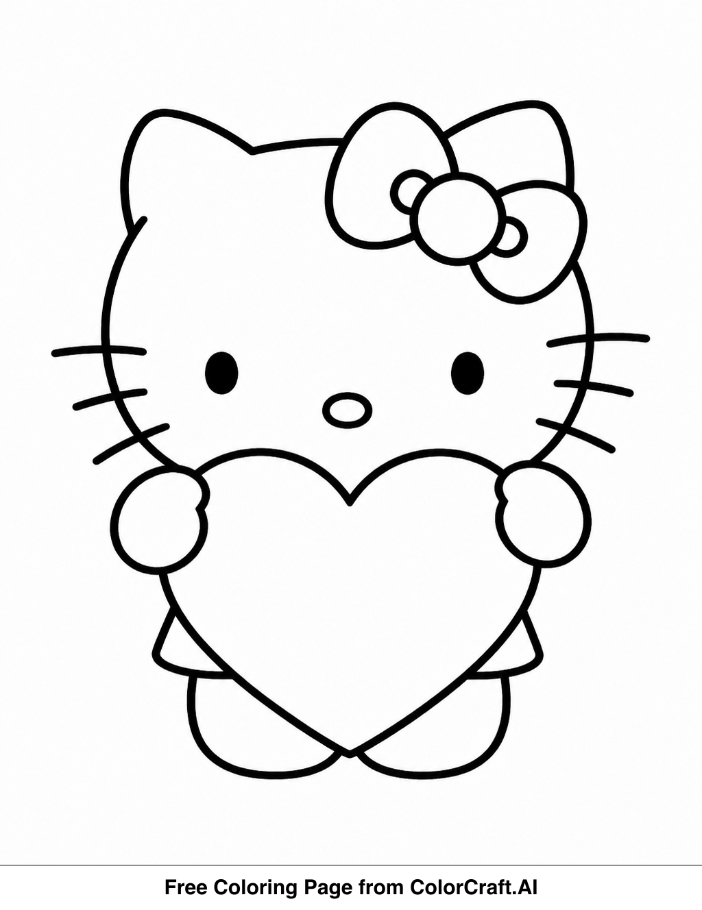 Line drawing of Hello Kitty character with a heart shape, suitable for coloring.