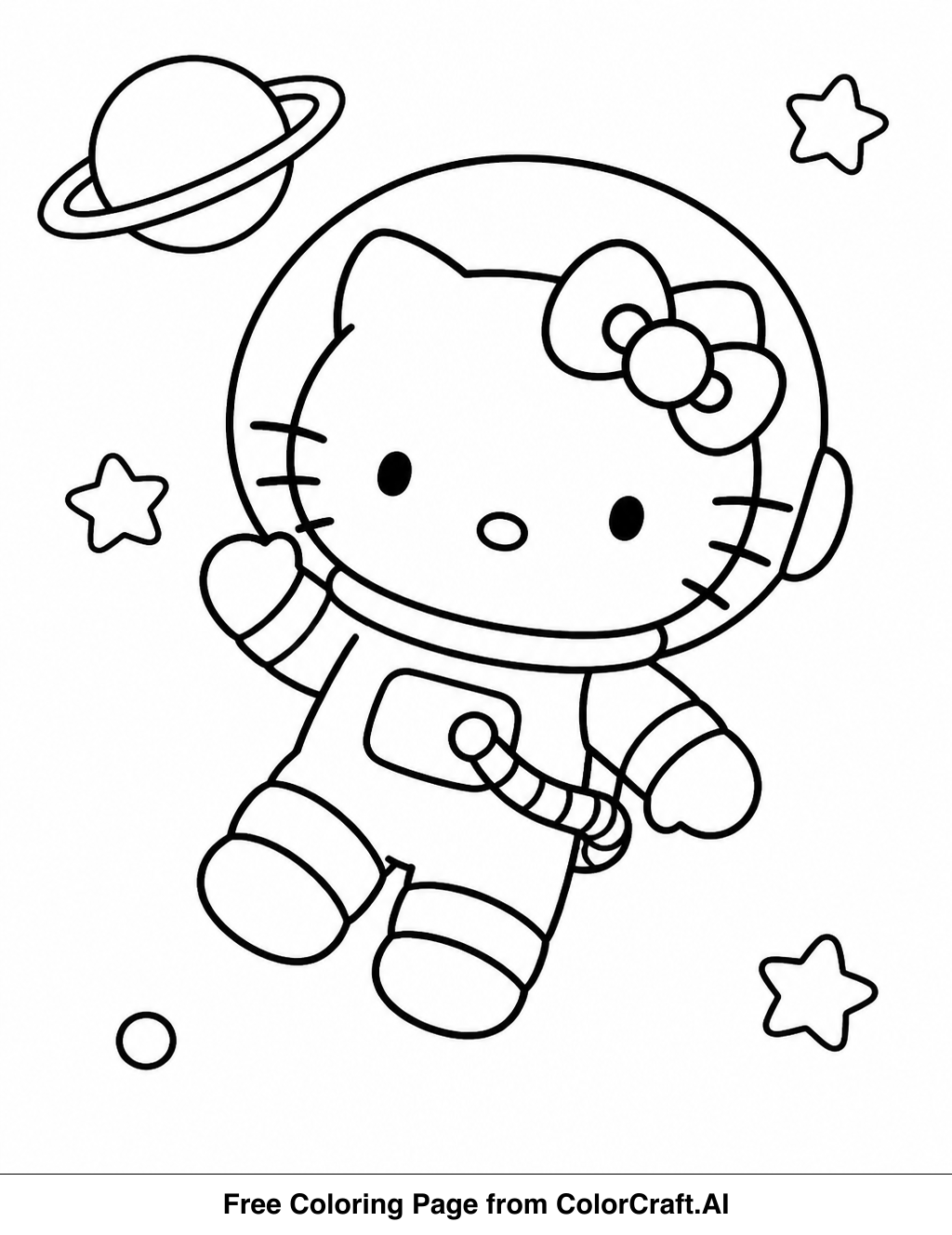 Line drawing of Hello Kitty floating in space, surrounded by stars and planets, ready for coloring.