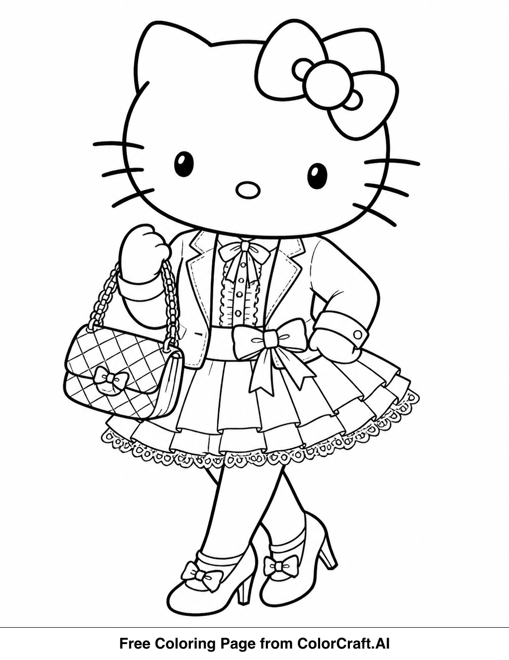 Line drawing of Hello Kitty dressed in fashionable attire, posing elegantly for a coloring page.
