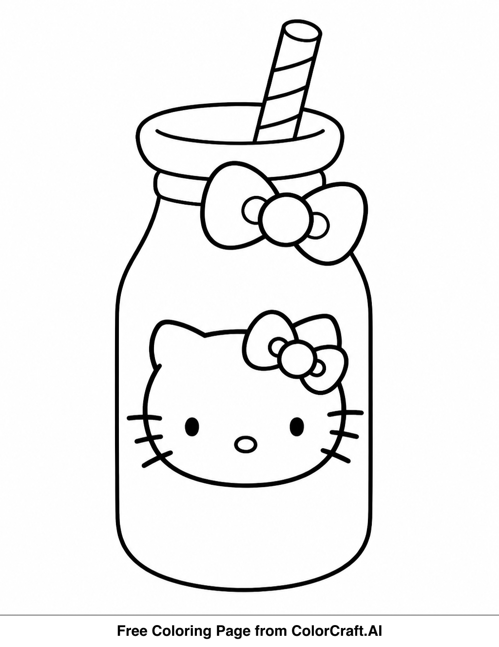 Line drawing of Hello Kitty character holding a simple milk bottle, perfect for coloring.